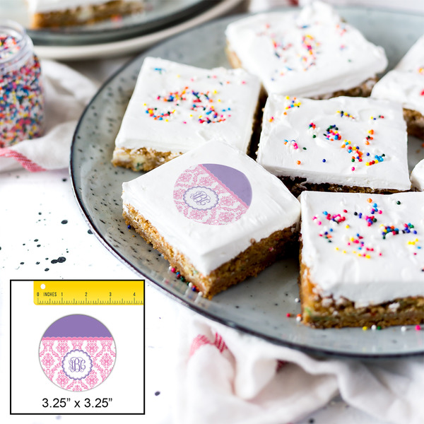 Pink, White & Purple Damask Printed Icing Circle - Large - In Context
