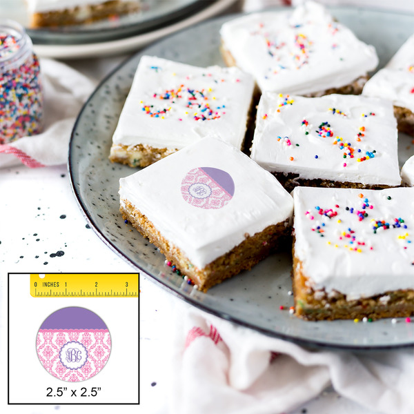 Pink, White & Purple Damask Printed Icing Circle - Medium - In Context