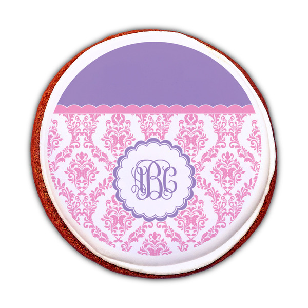 Pink, White & Purple Damask Printed Icing Circle - Medium - On Cookie