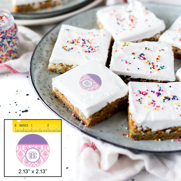 Pink, White & Purple Damask Printed Icing Circle - Small - In Context