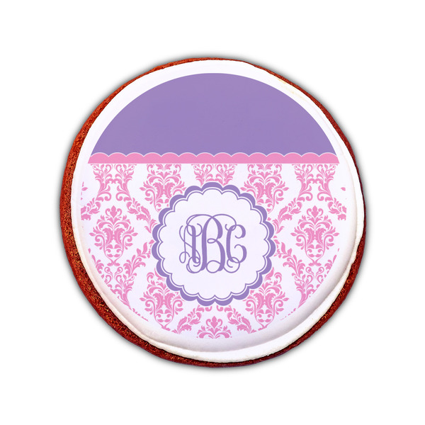 Pink, White & Purple Damask Printed Icing Circle - Small - On Cookie