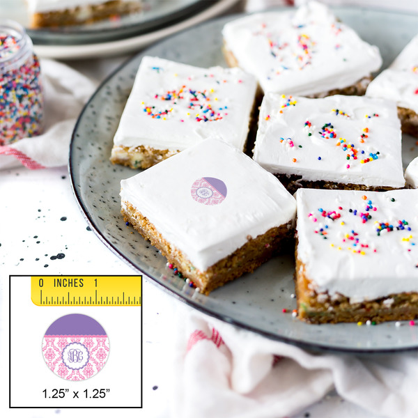 Pink, White & Purple Damask Printed Icing Circle - XSmall - In Context