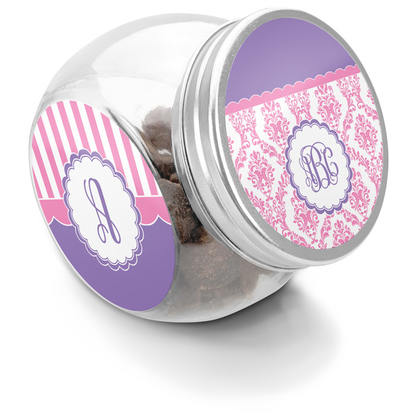 Custom Pink, White & Purple Damask Puppy Treat Jar (Personalized)