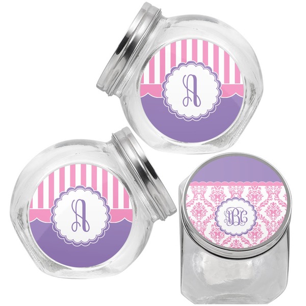 Pink, White & Purple Damask Puppy Treat Jar - Top Left Right