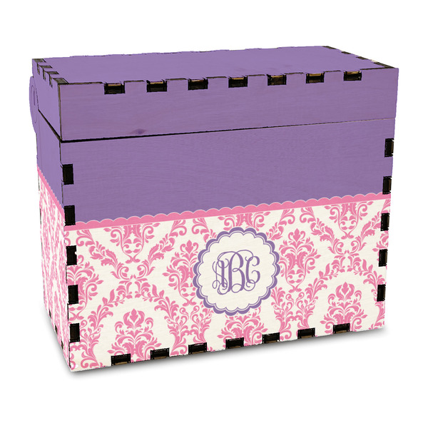 Custom Pink, White & Purple Damask Wood Recipe Box - Full Color Print (Personalized)