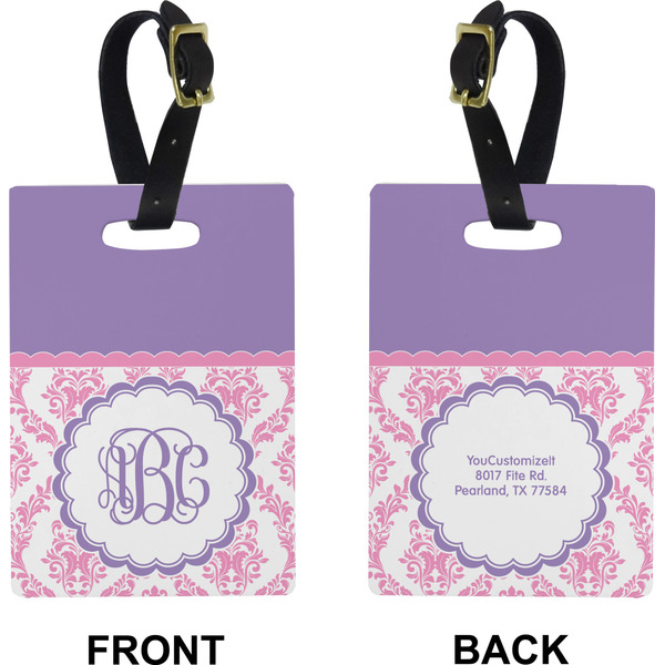 Pink, White & Purple Damask Rectangle Luggage Tag (Front + Back)