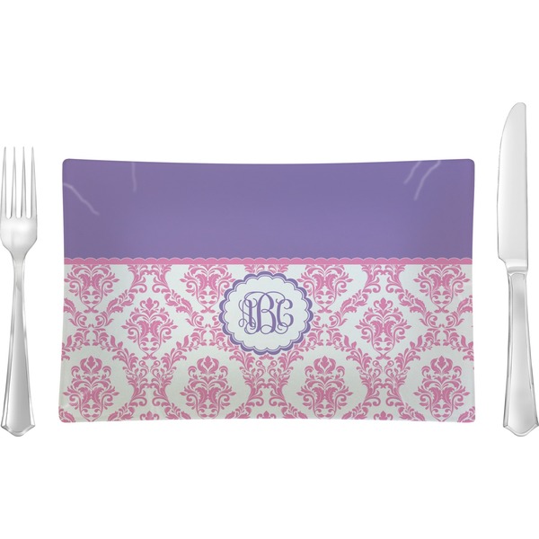 Custom Pink, White & Purple Damask Glass Rectangular Lunch / Dinner Plate (Personalized)