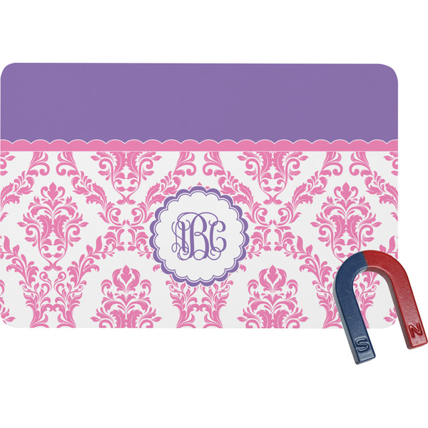 Custom Pink, White & Purple Damask Rectangular Fridge Magnet w/ Monogram