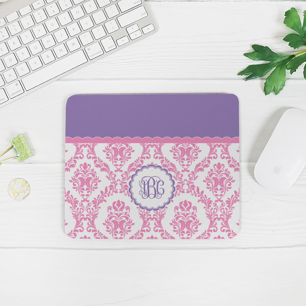 Pink, White & Purple Damask Rectangular Mouse Pad - LIFESTYLE 2
