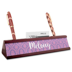 Pink, White & Purple Damask Red Mahogany Nameplate with Business Card Holder (Personalized)