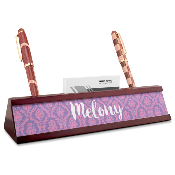 Custom Pink, White & Purple Damask Red Mahogany Nameplate with Business Card Holder (Personalized)