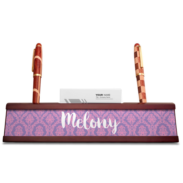 Pink, White & Purple Damask Red Mahogany Nameplates with Business Card Holder - Straight