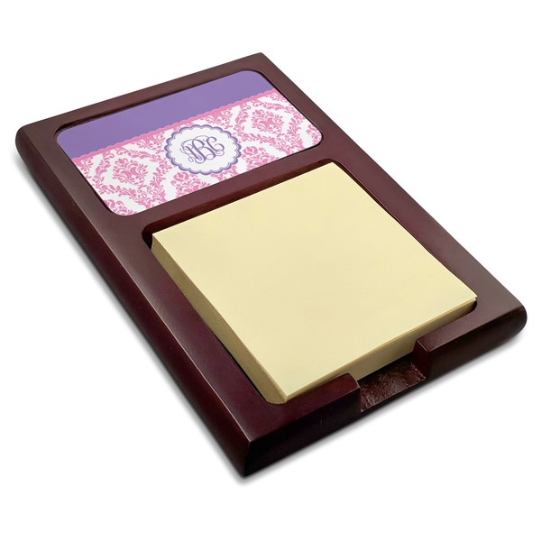 Custom Pink, White & Purple Damask Red Mahogany Sticky Note Holder (Personalized)