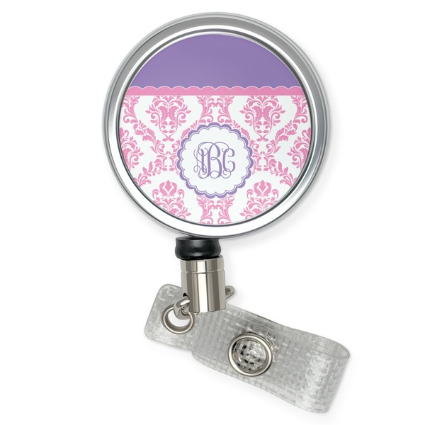 Custom Pink, White & Purple Damask Retractable Badge Reel (Personalized)