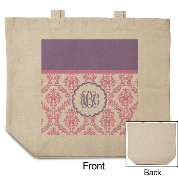 Pink, White & Purple Damask Reusable Cotton Grocery Bag - Front & Back View