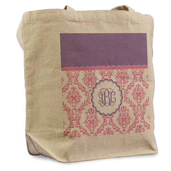Custom Pink, White & Purple Damask Reusable Cotton Grocery Bag - Single (Personalized)