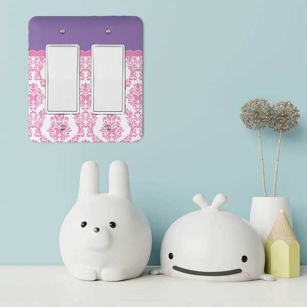 Pink, White & Purple Damask Rocker Light Switch Covers - Double - IN CONTEXT