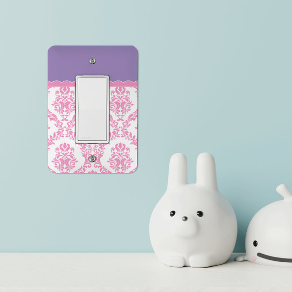 Pink, White & Purple Damask Rocker Light Switch Covers - Single - IN CONTEXT