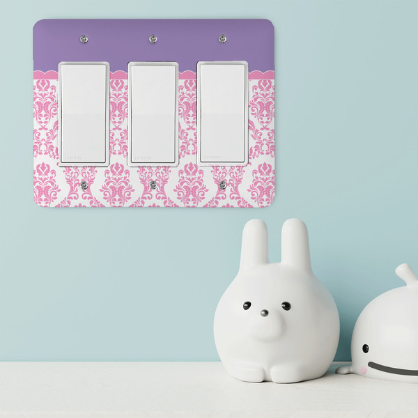 Pink, White & Purple Damask Rocker Light Switch Covers - Triple - IN CONTEXT