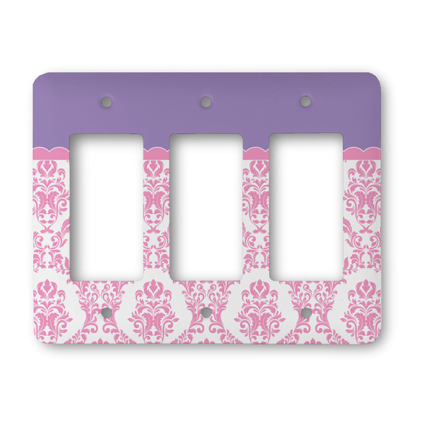 Custom Pink, White & Purple Damask Rocker Style Light Switch Cover - Three Switch