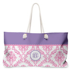 Pink, White & Purple Damask Large Tote Bag with Rope Handles (Personalized)