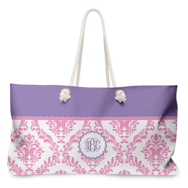 Custom Pink, White & Purple Damask Large Tote Bag with Rope Handles (Personalized)