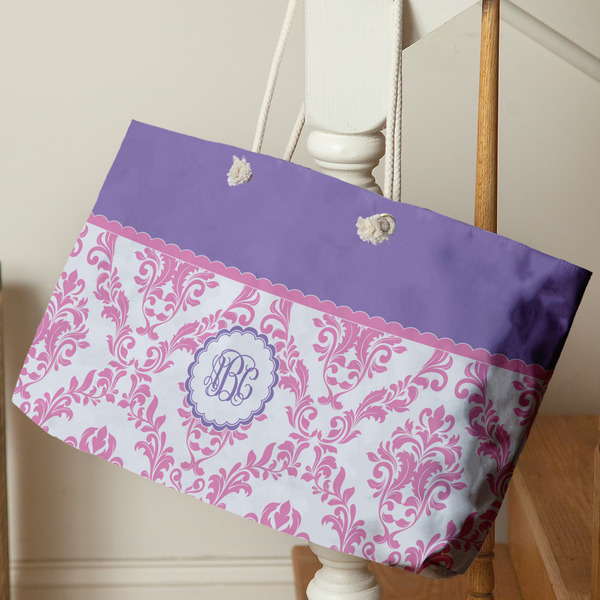 Pink, White & Purple Damask Large Rope Tote - Life Style