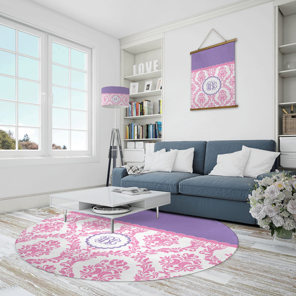 Pink, White & Purple Damask Round Area Rug - IN CONTEXT