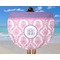 Pink, White & Purple Damask Round Beach Towel - In Use
