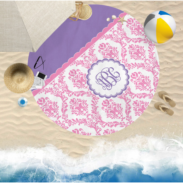 Pink, White & Purple Damask Round Beach Towel Lifestyle