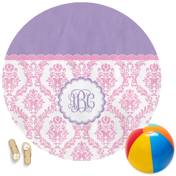 Custom Pink, White & Purple Damask Round Beach Towel (Personalized)