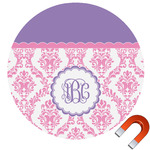 Pink, White & Purple Damask Round Car Magnet - 10" (Personalized)