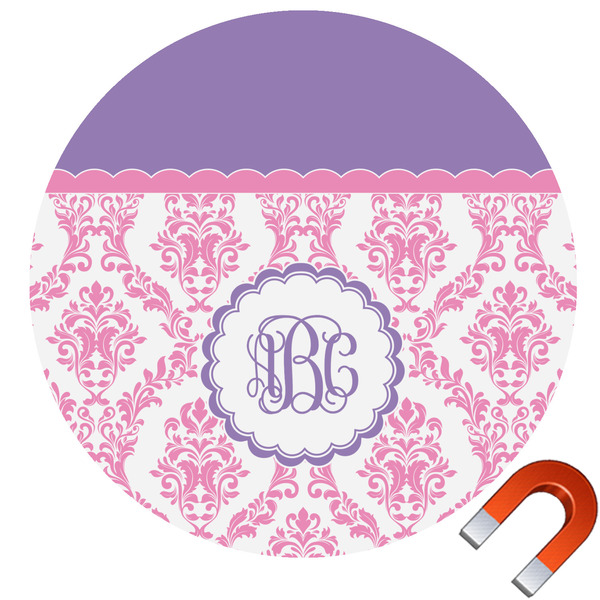Custom Pink, White & Purple Damask Round Car Magnet - 10" (Personalized)