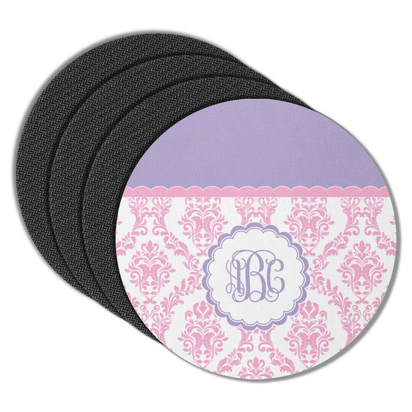 Custom Pink, White & Purple Damask Round Rubber Backed Coasters - Set of 4 (Personalized)