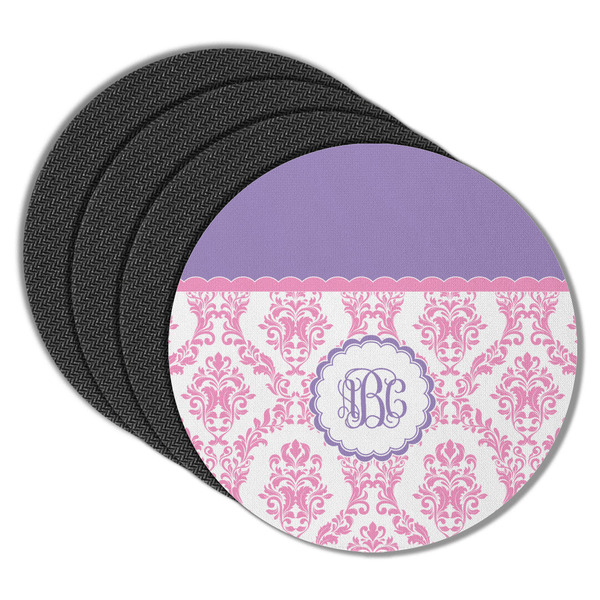 Pink, White & Purple Damask Round Coaster Rubber Back - Main