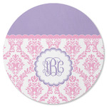 Pink, White & Purple Damask Round Rubber Backed Coaster (Personalized)
