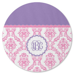 Pink, White & Purple Damask Round Rubber Backed Coaster (Personalized)