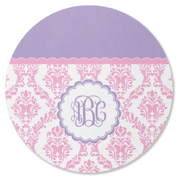 Custom Pink, White & Purple Damask Round Rubber Backed Coaster (Personalized)