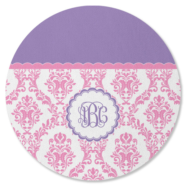 Pink, White & Purple Damask Round Coaster Rubber Back - Single