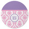 Pink, White & Purple Damask Round Rubber Backed Coaster (Personalized)
