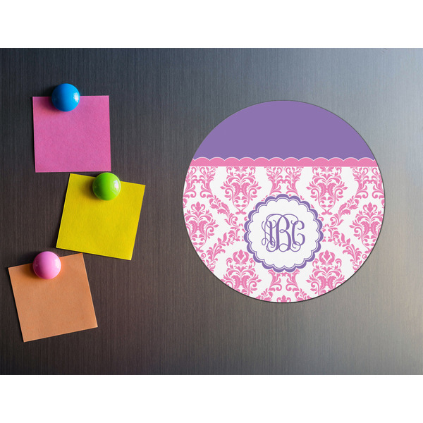 Pink, White & Purple Damask Round Fridge Magnet - LIFESTYLE
