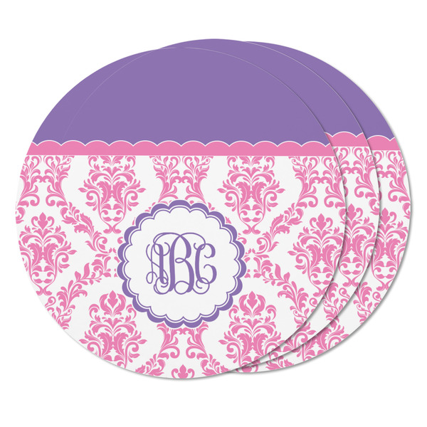 Pink, White & Purple Damask Round Fridge Magnet - THREE