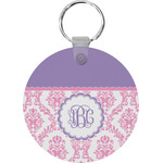 Pink, White & Purple Damask Round Plastic Keychain (Personalized)