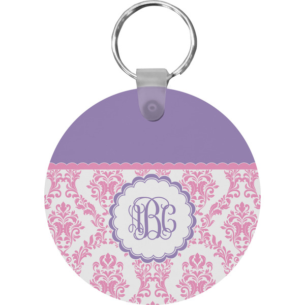 Custom Pink, White & Purple Damask Round Plastic Keychain (Personalized)