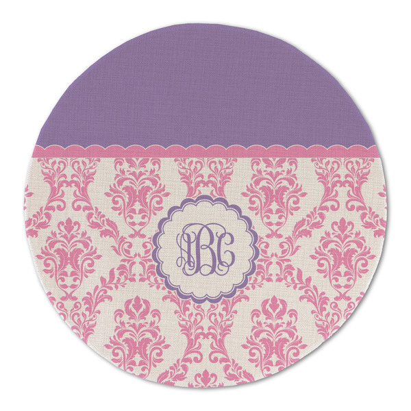 Custom Pink, White & Purple Damask Round Linen Placemat (Personalized)