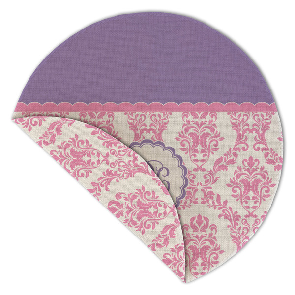 Pink, White & Purple Damask Round Linen Placemats - Front (folded corner double sided)