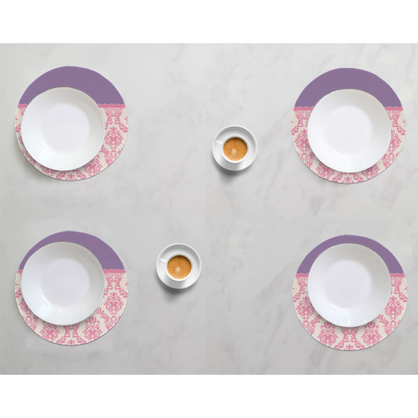 Pink, White & Purple Damask Round Linen Placemats - LIFESTYLE (set of 4)