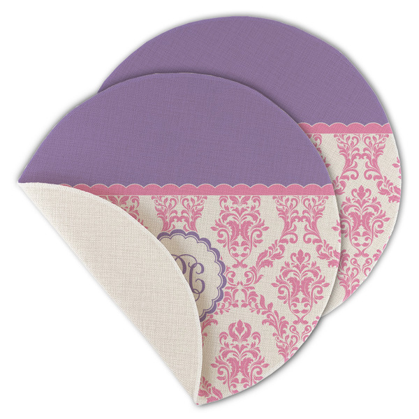 Custom Pink, White & Purple Damask Round Linen Placemat - Single Sided - Set of 4 (Personalized)