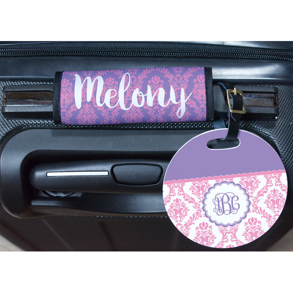 Pink, White & Purple Damask Round Luggage Tag & Handle Wrap - In Context