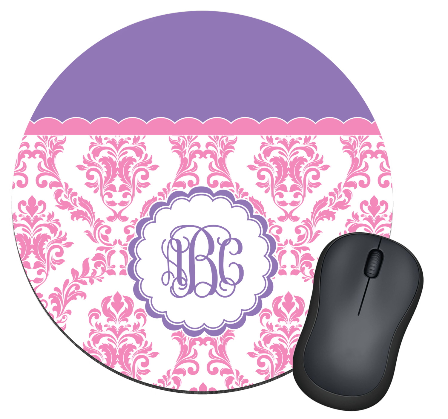 Pink, White & Purple Damask Round Mouse Pad (Personalized) YouCustomizeIt
